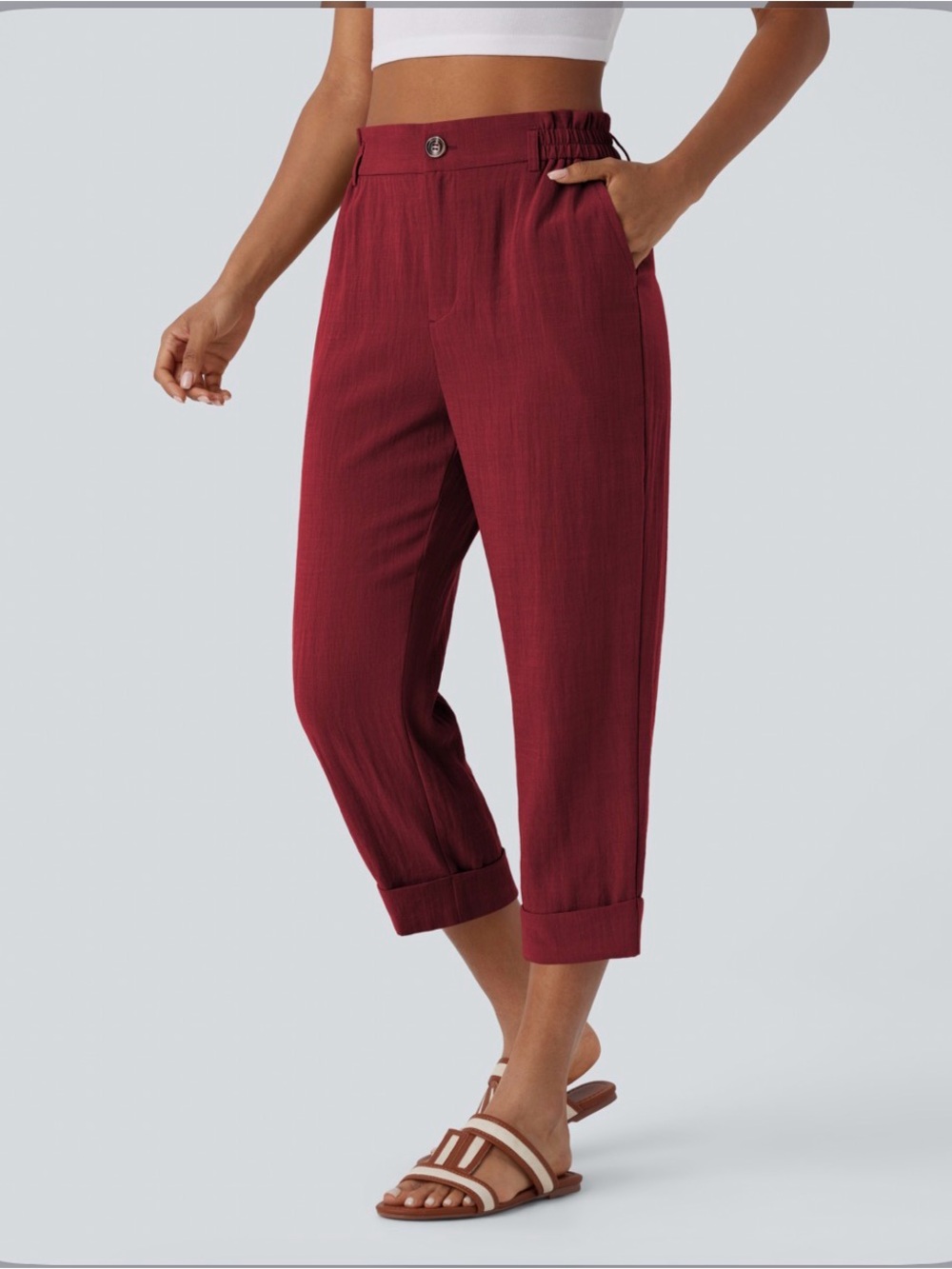 HALARA High Waisted Zipper Pocket Cropped Linen-Feel Pants